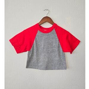 80s Women's Vintage Sportswear Gray Red Crop Top Shirt Women S